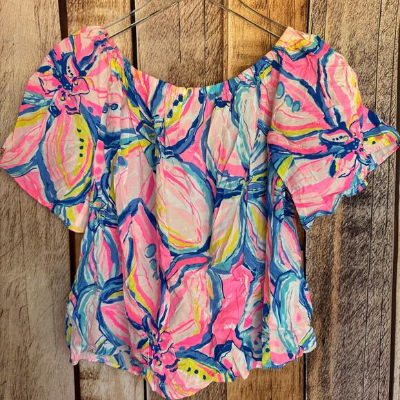 Lilly Pulitzer Top Sain Sunset The Sunny Side Off Shoulder Small Tropical Resort - Picture 1 of 8